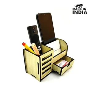 Alternative view of Woodkey Wooden Desk Organizer in Intal Beech – 3-in-1 Multipurpose Office Table Stand with Pen Holder, Mobile Slot, Drawer & Card Holder