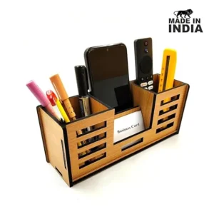 Alternative view of Woodkey 4-in-1 Wooden Desk Organizer | Pen Stand, Mobile Holder, Visiting Card & Stationery Tray | Bavarian Beech Finish | Office & Study Table Accessory