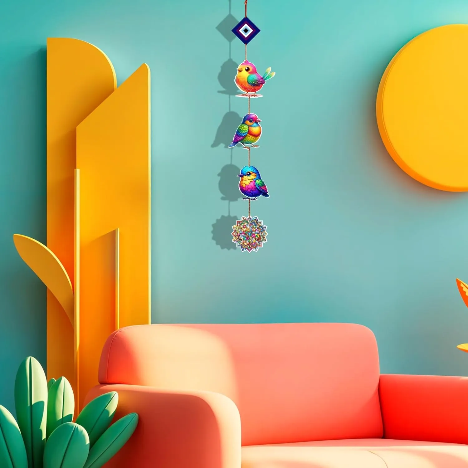 Woodkey Colorful Bird Hanging Wall Décor – 3-Bird Wooden String Hanging for Balcony, Kids Room & Entrance | Eco-Friendly Handcrafted Wall Art - Image 3