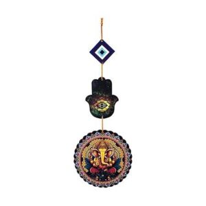 Woodkey Ganesh Evil Eye Wall Hanging with Hamsa Hand – MDF Decorative Showpiece for Positive Energy, Protection & Vastu | Handmade Indian Wall Art for Home & Pooja Room