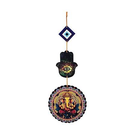 Woodkey Ganesh Evil Eye Wall Hanging with Hamsa Hand – MDF Decorative Showpiece for Positive Energy, Protection & Vastu | Handmade Indian Wall Art for Home & Pooja Room