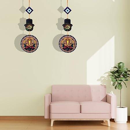 Woodkey Ganesh Evil Eye Wall Hanging with Hamsa Hand – MDF Decorative Showpiece for Positive Energy, Protection & Vastu | Handmade Indian Wall Art for Home & Pooja Room - Image 3