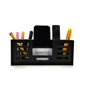 Woodkey 4-in-1 Wooden Desk Organizer | Pen Stand, Mobile Holder, Visiting Card & Stationery Tray | Black Finish | Office & Study Table Accessory