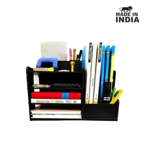 Woodkey 4-Tier File Organizer  – Multifunctional Office File & Pen Holder with Paper Tray and Side Compartments | Black Finish | Desktop Organizer for Study Table & Work Desk | Made in India