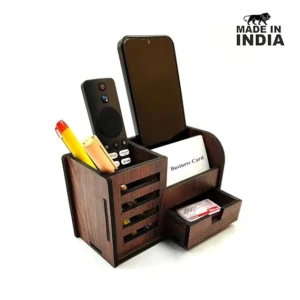 Alternative view of Woodkey Wooden Desk Organizer in Rolex Darkwood – 3-in-1 Multipurpose Pen Stand with Mobile Holder, Drawer & Card Slot for Office, Study & Home Use