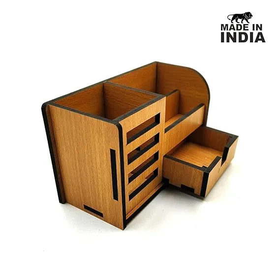 Woodkey Wooden Desk Organizer for Office & Study – 3-in-1 Multipurpose Pen Stand with Drawer, Mobile & Card Holder | Bavarian Beech Finish | Desktop Stationery Organizer for Pens, Pencils & Supplies - Image 3