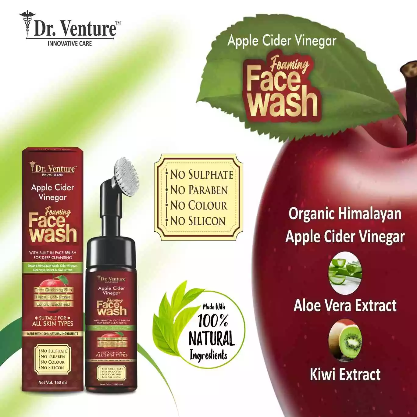 Dr. Venture Apple Cider Vinegar Foaming Face Wash has organic certified himalayan apple cider vinegar and is free of parabens, sulfates, silicones, and colors. It also has a built-in brush. - Face Wash, 150 mL (150 ml) - Image 3