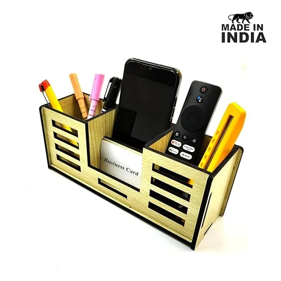 Woodkey 4-in-1 Wooden Desk Organizer | Pen Stand, Mobile Holder, Visiting Card & Stationery Tray | Intal beech Finish | Office & Study Table Accessory (Copy) - Image 3