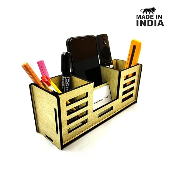 Woodkey 4-in-1 Wooden Desk Organizer | Pen Stand, Mobile Holder, Visiting Card & Stationery Tray | Intal beech Finish | Office & Study Table Accessory (Copy) - Image 2