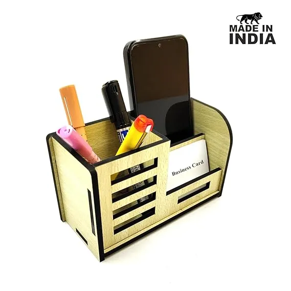 Woodkey Multipurpose Wooden Desk Organizer for Office & Home | Pen Stand with Mobile Holder & Visiting Card Slot – Intal beech Finish - Image 2