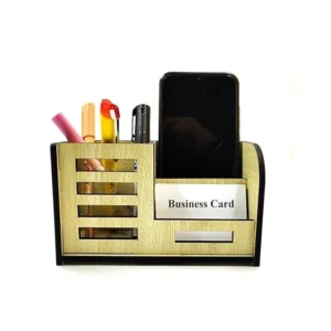 Woodkey Multipurpose Wooden Desk Organizer for Office & Home | Pen Stand with Mobile Holder & Visiting Card Slot – Intal beech Finish