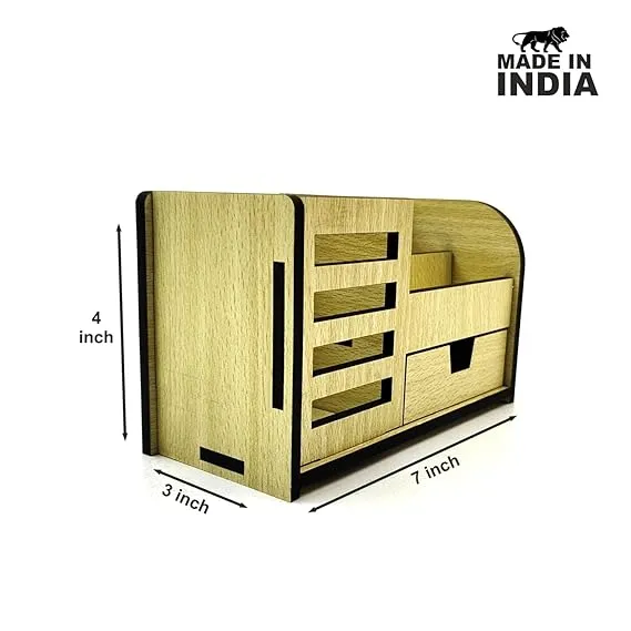 Woodkey Wooden Desk Organizer in Intal Beech – 3-in-1 Multipurpose Office Table Stand with Pen Holder, Mobile Slot, Drawer & Card Holder - Image 4