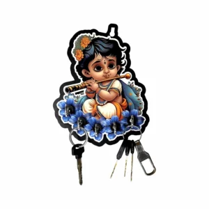 Woodkey Krishna Wooden Key Holder | Baby Krishna Decorative Wall Key Stand with 5 Hooks | Spiritual Organizer for Home & Office