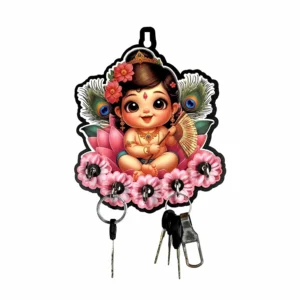 Woodkey Krishna Wooden Key Holder for Wall | Baby Krishna Decorative Wooden Key Stand with 5 Hooks | Spiritual Wall Hanging Key Organizer for Home & Office