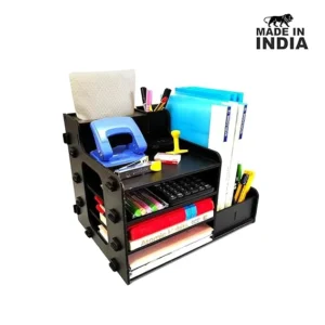 Alternative view of Woodkey 4-Tier File Organizer  – Multifunctional Office File & Pen Holder with Paper Tray and Side Compartments | Black Finish | Desktop Organizer for Study Table & Work Desk | Made in India
