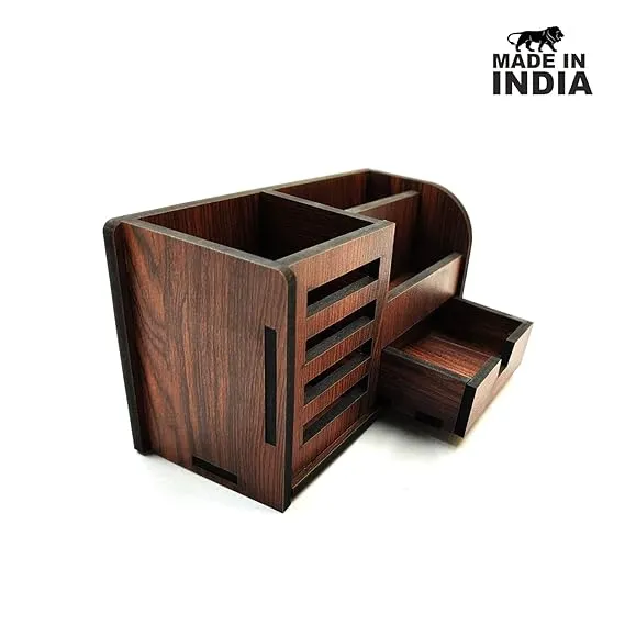 Woodkey Wooden Desk Organizer in Rolex Darkwood – 3-in-1 Multipurpose Pen Stand with Mobile Holder, Drawer & Card Slot for Office, Study & Home Use - Image 3