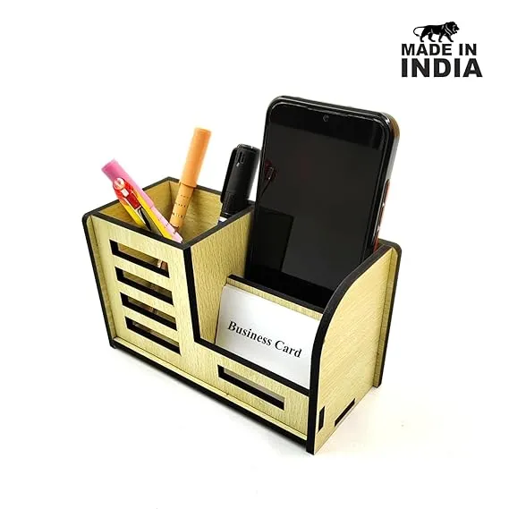 Woodkey Multipurpose Wooden Desk Organizer for Office & Home | Pen Stand with Mobile Holder & Visiting Card Slot – Intal beech Finish - Image 3