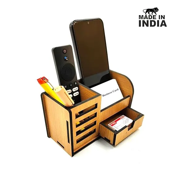 Woodkey Wooden Desk Organizer for Office & Study – 3-in-1 Multipurpose Pen Stand with Drawer, Mobile & Card Holder | Bavarian Beech Finish | Desktop Stationery Organizer for Pens, Pencils & Supplies - Image 2