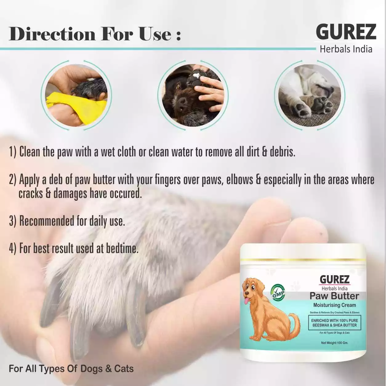 GUREZ Paw Butter Moisturising Cream for Pets Like Dogs and Cats for Cracked, Dry and Chapped Paws and Elbows Enriched with Pure Beeswax and Shea Butter (100Gm) - Image 4