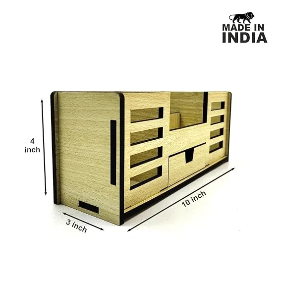 Woodkey Wooden Desk Organizer – Intal Beech 4-in-1 Pen Stand with Drawer, Mobile & Card Holder | Multipurpose Office & Study Table Organizer for Stationery & Supplies - Image 4