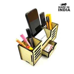 Alternative view of Woodkey Wooden Desk Organizer – Intal Beech 4-in-1 Pen Stand with Drawer, Mobile & Card Holder | Multipurpose Office & Study Table Organizer for Stationery & Supplies