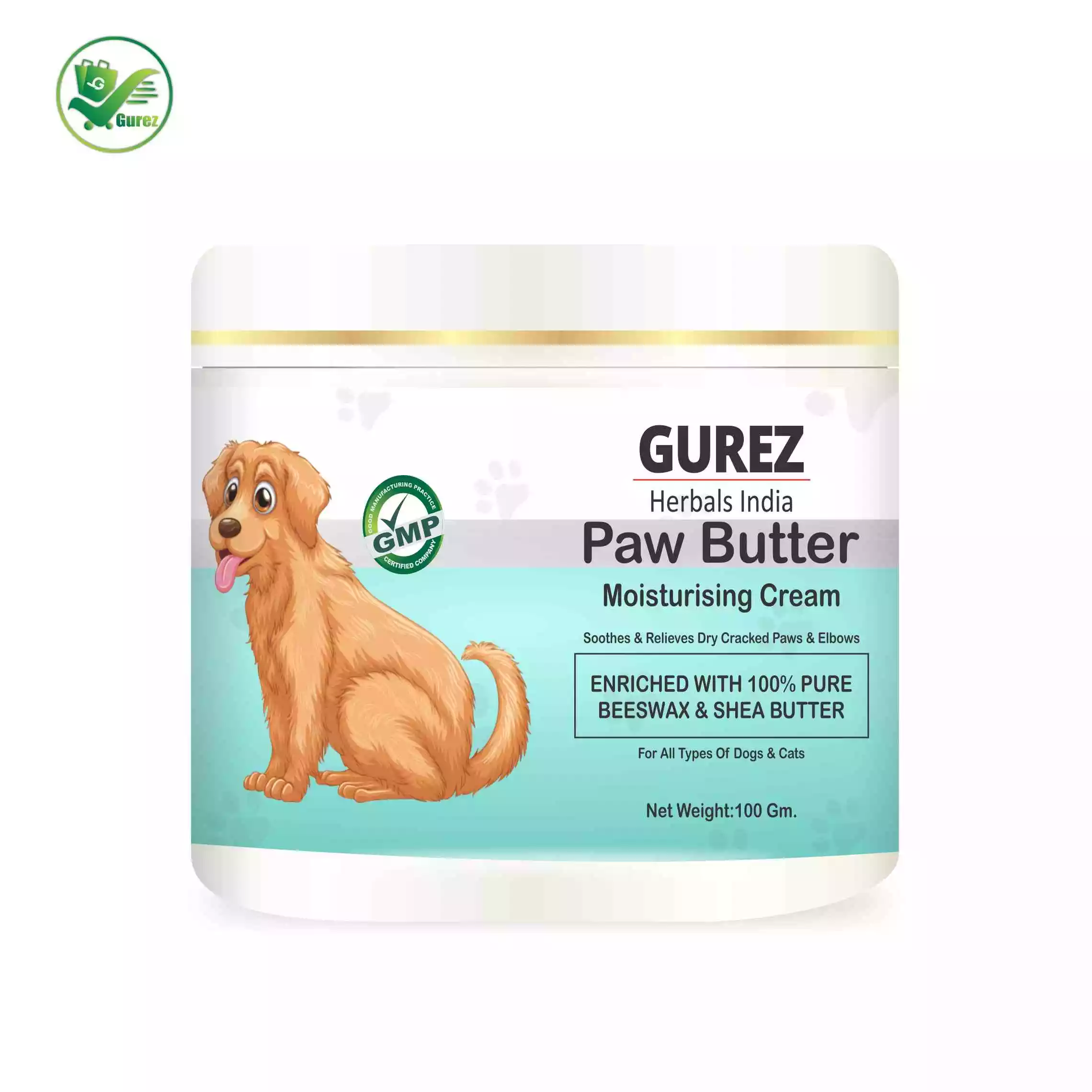 GUREZ Paw Butter Moisturising Cream for Pets Like Dogs and Cats for Cracked, Dry and Chapped Paws and Elbows Enriched with Pure Beeswax and Shea Butter (100Gm)