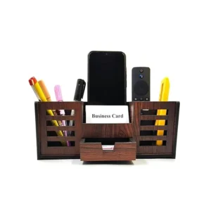 Woodkey Wooden Desk Organizer – 4-in-1 Pen Stand with Drawer, Mobile & Card Holder | Office & Study Table Organizer in Rolex Darkwood Finish