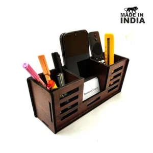 Alternative view of Woodkey 4-in-1 Wooden Desk Organizer | Pen Stand, Mobile Holder, Visiting Card & Stationery Tray | Rolex Darkwood Finish | Office & Study Table Accessory (Copy)