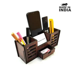 Alternative view of Woodkey Wooden Desk Organizer – 4-in-1 Pen Stand with Drawer, Mobile & Card Holder | Office & Study Table Organizer in Rolex Darkwood Finish