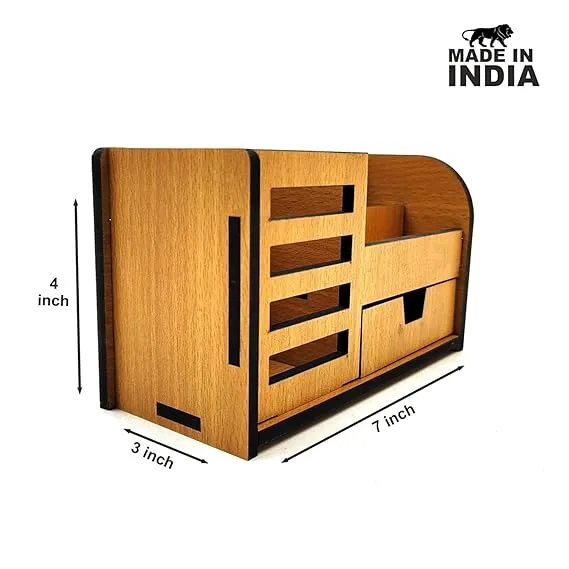 Woodkey Wooden Desk Organizer for Office & Study – 3-in-1 Multipurpose Pen Stand with Drawer, Mobile & Card Holder | Bavarian Beech Finish | Desktop Stationery Organizer for Pens, Pencils & Supplies - Image 4