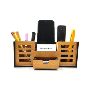 Woodkey Wooden Desk Organizer – Bavarian Beech 4-in-1 Pen Stand with Drawer, Mobile & Card Holder | Multipurpose Office & Study Table Organizer for Stationery & Supplies