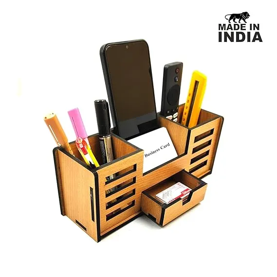 Woodkey Wooden Desk Organizer – Bavarian Beech 4-in-1 Pen Stand with Drawer, Mobile & Card Holder | Multipurpose Office & Study Table Organizer for Stationery & Supplies - Image 2
