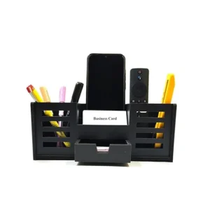Woodkey Wooden Desk Organizer – 4-in-1 Pen Stand with Drawer, Mobile & Card Holder | Multipurpose Office & Study Table Organizer for Stationery, Pens, Pencils & Supplies (Black)