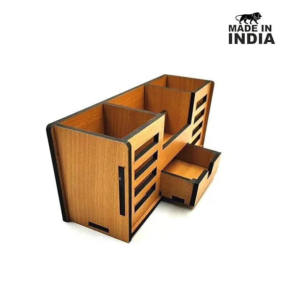 Woodkey Wooden Desk Organizer – Bavarian Beech 4-in-1 Pen Stand with Drawer, Mobile & Card Holder | Multipurpose Office & Study Table Organizer for Stationery & Supplies - Image 3