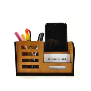 Woodkey Multipurpose Wooden Desk Organizer for Office & Home | Pen Stand with Mobile Holder & Visiting Card Slot – Bavarian Beech Finish