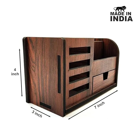 Woodkey Wooden Desk Organizer in Rolex Darkwood – 3-in-1 Multipurpose Pen Stand with Mobile Holder, Drawer & Card Slot for Office, Study & Home Use - Image 4