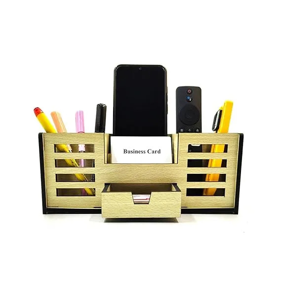 Woodkey Wooden Desk Organizer – Intal Beech 4-in-1 Pen Stand with Drawer, Mobile & Card Holder | Multipurpose Office & Study Table Organizer for Stationery & Supplies