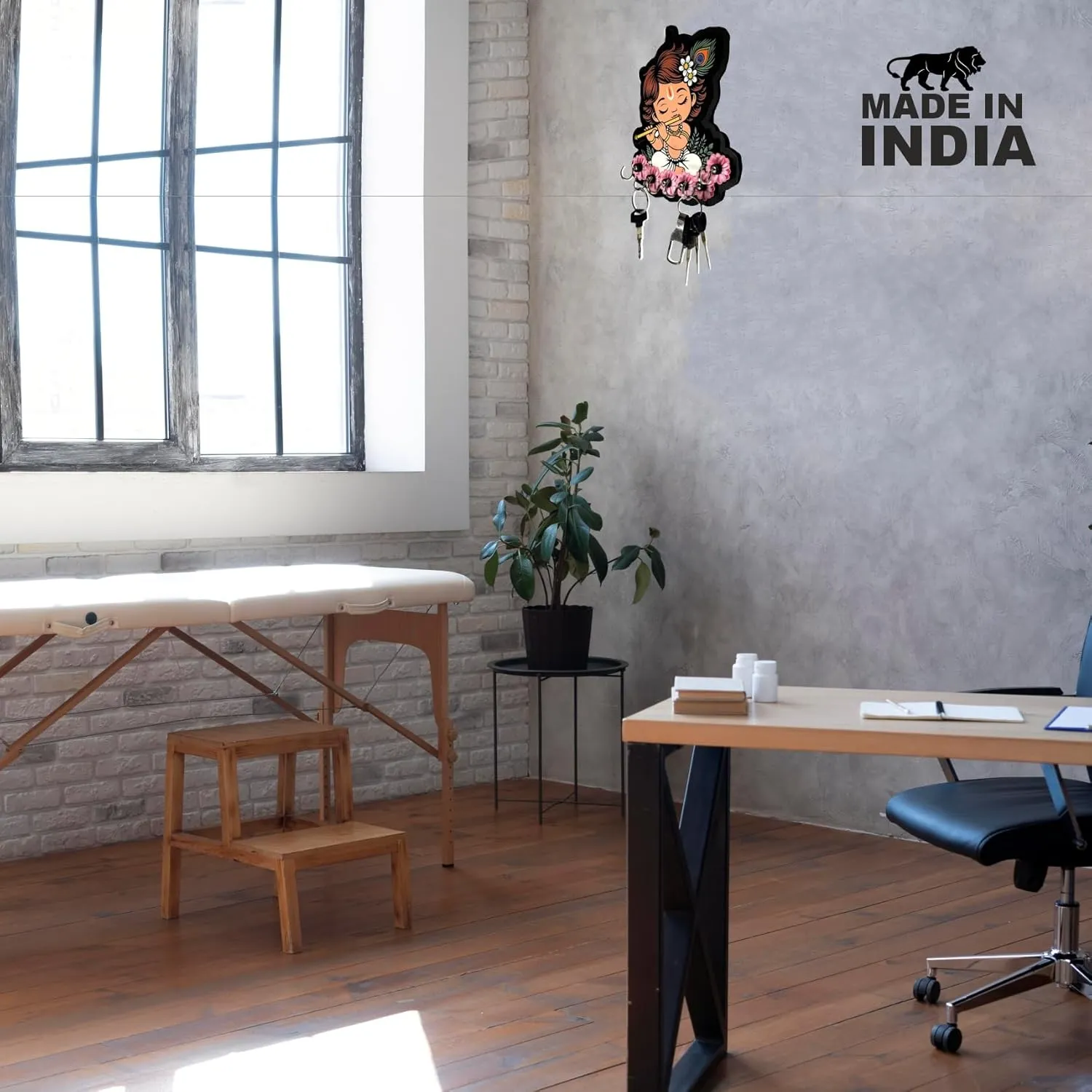 Woodkey Krishna Wooden Key Holder | Baby Krishna Decorative Key Stand with 6 Hooks | Spiritual Wall Hanging Organizer for Home & Office - Image 2