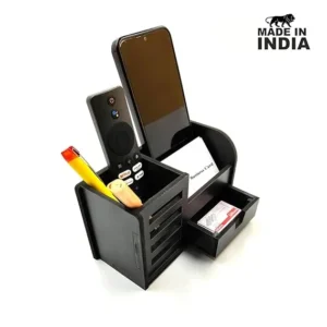 Alternative view of Woodkey Wooden Desk Organizer in Black – 3-in-1 Multipurpose Stand with Pen Holder, Mobile Slot, Drawer & Card Holder for Office, Study Table & Home