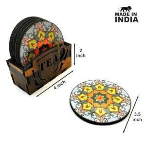 Alternative view of Woodkey Mandala Wooden Coaster Set – 6 Round Tea & Coffee Holders with Wooden Stand | Multicolor Floral Design | Gift & Home Use