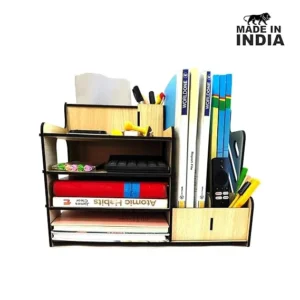 Woodkey All-in-One Wooden Desk Organizer – 4-Tier File Tray + Vertical Rack + Utility Drawer | Intal Beech Finish | Study & Office Desk Setup