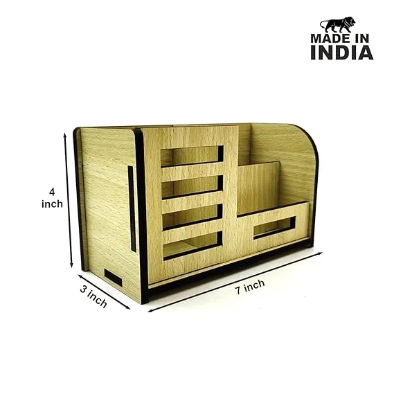 Woodkey Multipurpose Wooden Desk Organizer for Office & Home | Pen Stand with Mobile Holder & Visiting Card Slot – Intal beech Finish - Image 4