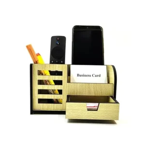 Woodkey Wooden Desk Organizer in Intal Beech – 3-in-1 Multipurpose Office Table Stand with Pen Holder, Mobile Slot, Drawer & Card Holder