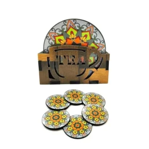 Woodkey Mandala Wooden Coaster Set – 6 Round Tea & Coffee Holders with Wooden Stand | Multicolor Floral Design | Gift & Home Use