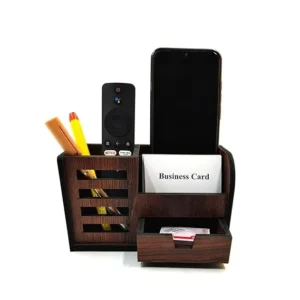 Woodkey Wooden Desk Organizer in Rolex Darkwood – 3-in-1 Multipurpose Pen Stand with Mobile Holder, Drawer & Card Slot for Office, Study & Home Use