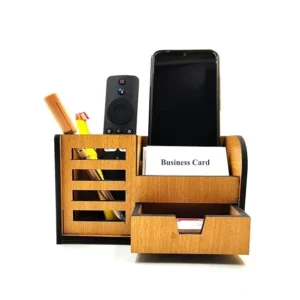 Woodkey Wooden Desk Organizer for Office & Study – 3-in-1 Multipurpose Pen Stand with Drawer, Mobile & Card Holder | Bavarian Beech Finish | Desktop Stationery Organizer for Pens, Pencils & Supplies