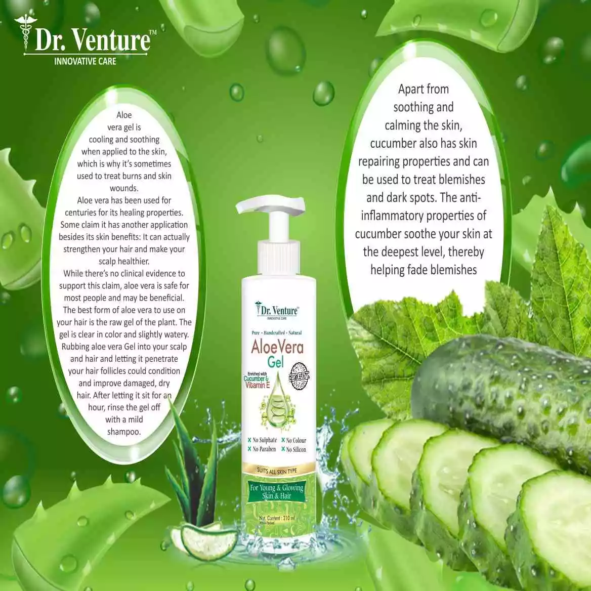 Dr. Venture Aloe Vera Gel: Enriched with Cucumber, Vitamin E, 100% Natural - For Skin and Hair, Free from Harmful Additives. - Image 2