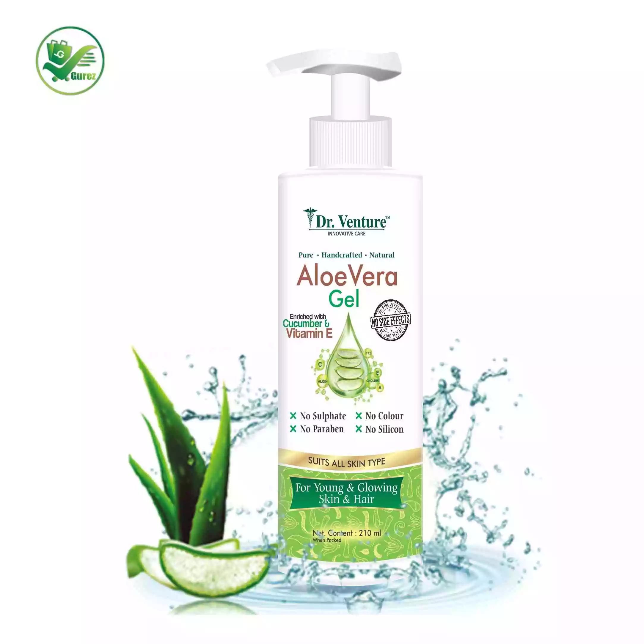 Dr. Venture Aloe Vera Gel: Enriched with Cucumber, Vitamin E, 100% Natural - For Skin and Hair, Free from Harmful Additives.