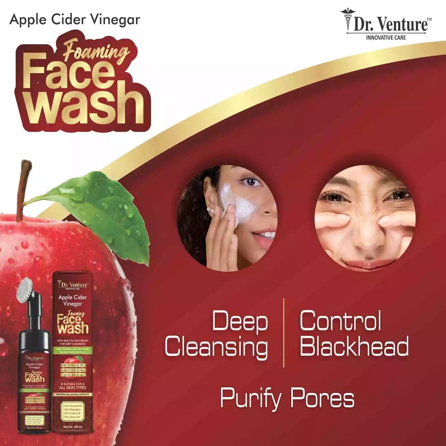 Dr. Venture Apple Cider Vinegar Foaming Face Wash has organic certified himalayan apple cider vinegar and is free of parabens, sulfates, silicones, and colors. It also has a built-in brush. - Face Wash, 150 mL (150 ml) - Image 4