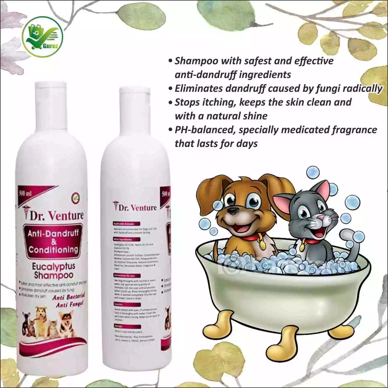 Dr Venture Anti-Dandruff & Conditioning Eucalyptus  Dog & Cat Shampoo  Anti-Bacterial & Anti-Fungal 500 ML Pack of 2 - Image 2